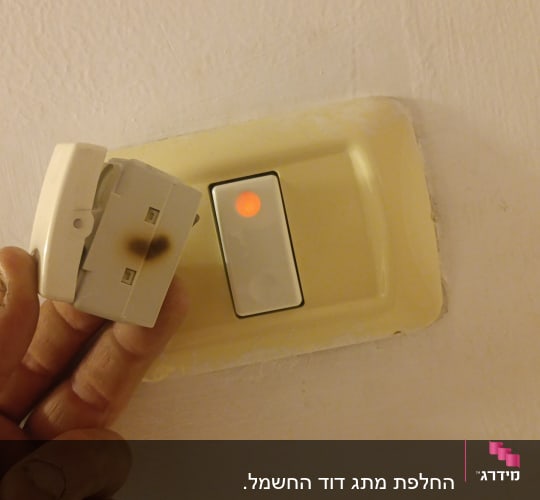 מתג חשמלי עם נורית חיווי ואצבעות מחזיקות חלק חשמלי